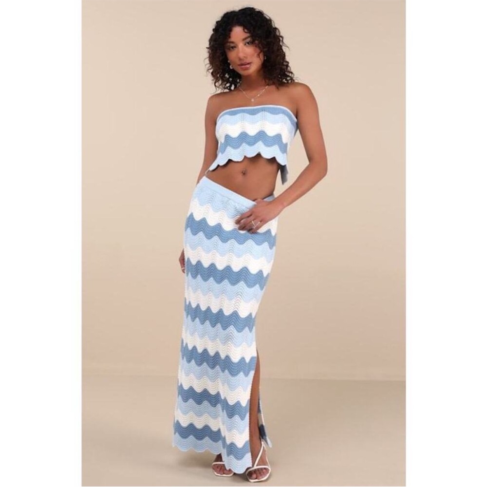 Lulus Sandro Blue Multi Crochet Strapless Crop top and skirt  - Size S